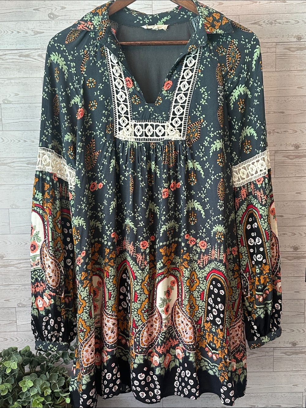 Entro Boutique Boho Floral Paisley Tunic Dress Small Crochet Lace Long Sleeve - Picture 1 of 13